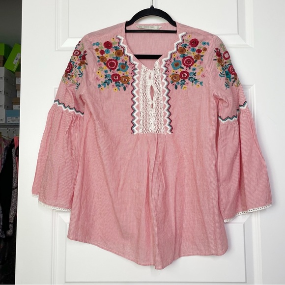 ZARA Striped Embroidered Bell Sleeve Blouse Crochet Detail Women’s Size Medium - Picture 1 of 9
